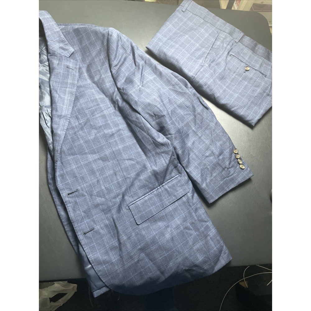 Max Davoli Baroni Suit 48S 100% Wool Super 150s Blue Plaid Pants 42 x 29